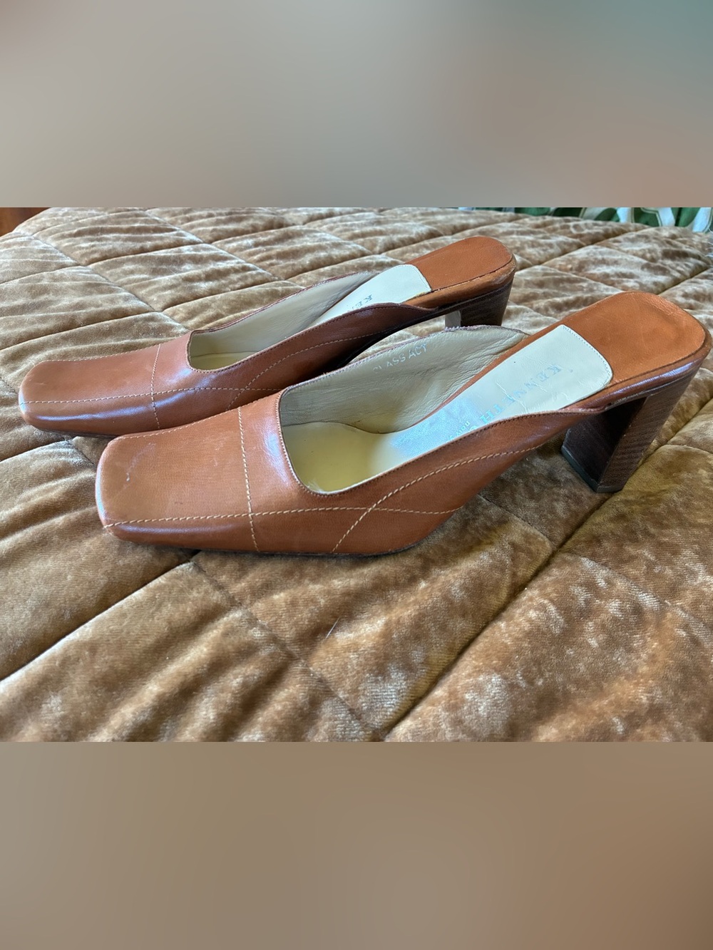 Vintage Kenneth Cole Class Act Cognac Leather Square-Toe Slip-on Heels